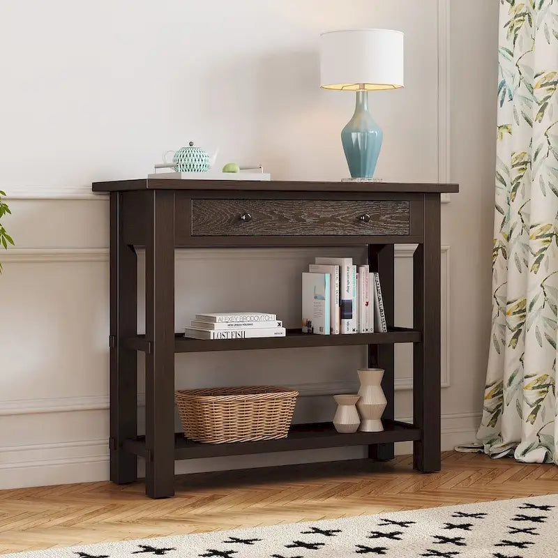 Table console 36 po en bois massif style rustique avec tiroirs et 2 étagères