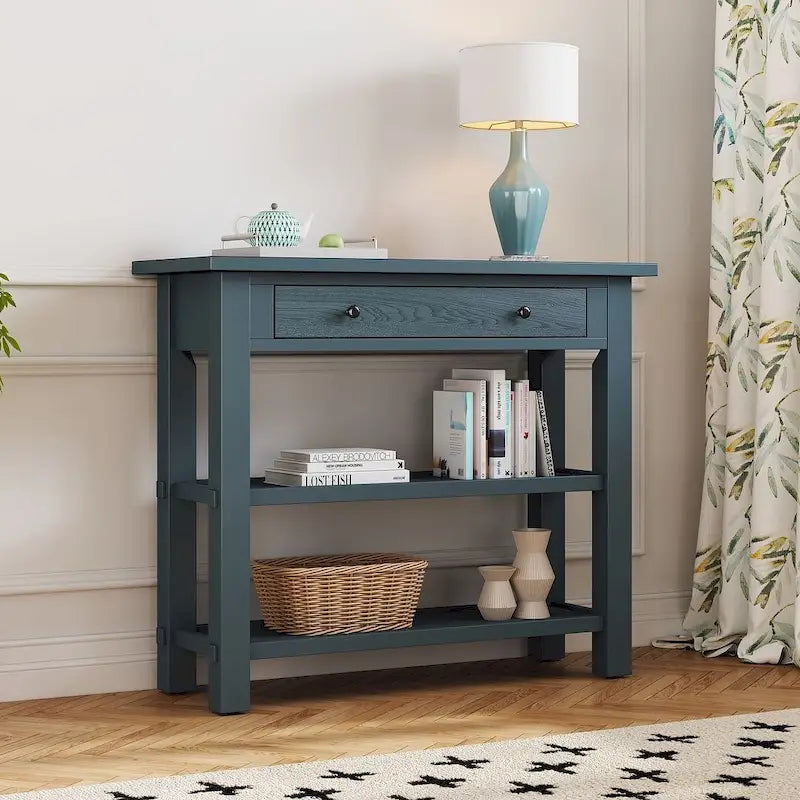 Table console 36 po en bois massif style rustique avec tiroirs et 2 étagères