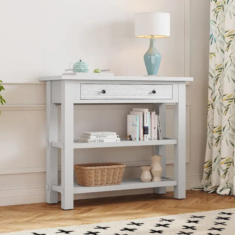 Table console 36 po en bois massif style rustique avec tiroirs et 2 étagères