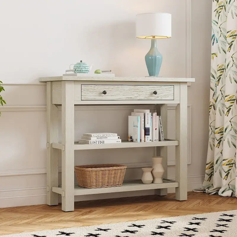 Table console 36 po en bois massif style rustique avec tiroirs et 2 étagères