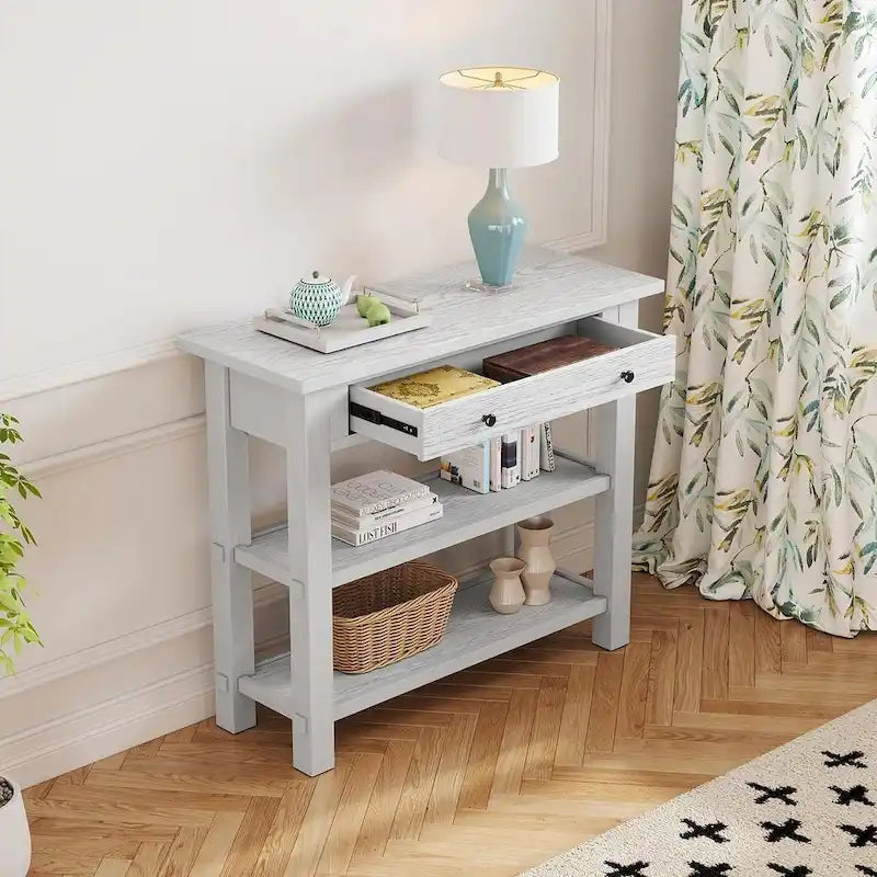 Table console 36 po en bois massif style rustique avec tiroirs et 2 étagères
