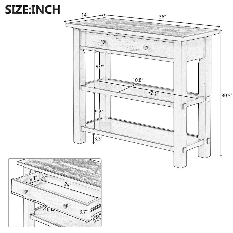 Table console 36 po en bois massif style rustique avec tiroirs et 2 étagères