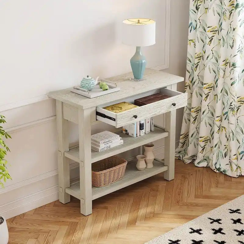 Table console 36 po en bois massif style rustique avec tiroirs et 2 étagères