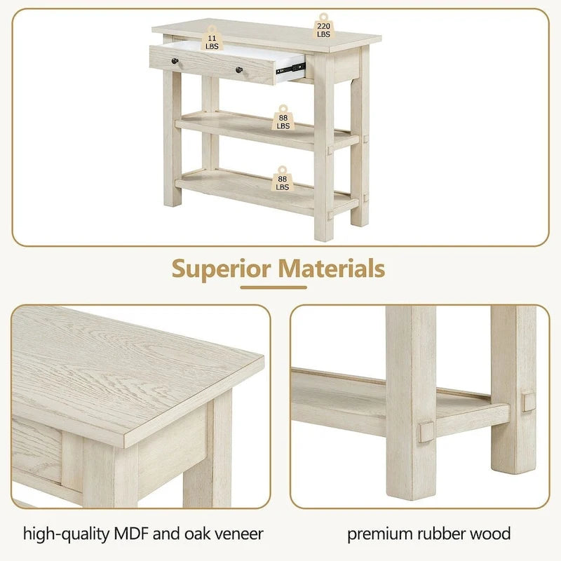 Table console 36 po en bois massif style rustique avec tiroirs et 2 étagères