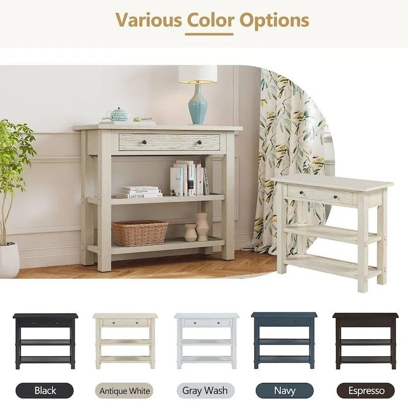 Table console 36 po en bois massif style rustique avec tiroirs et 2 étagères