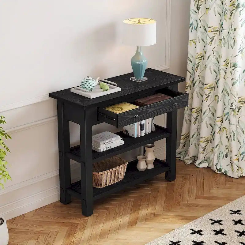Table console 36 po en bois massif style rustique avec tiroirs et 2 étagères