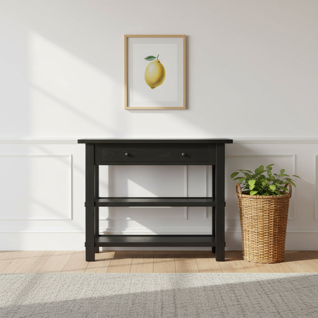 Table console 36 po en bois massif style rustique avec tiroirs et 2 étagères