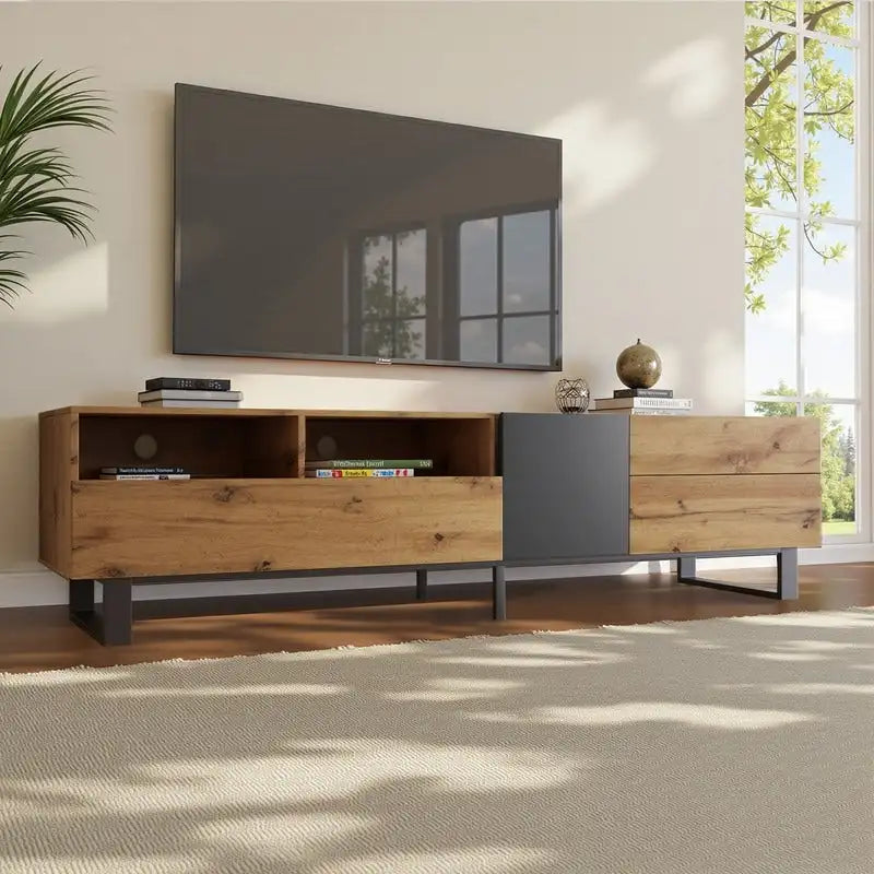 Meuble TV moderne pour téléviseurs jusqu'à 80 pouces, meuble console multimédia avec double rangement et porte abattante