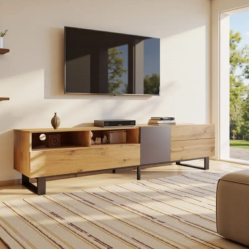 Meuble TV moderne pour téléviseurs jusqu'à 80 pouces, meuble console multimédia avec double rangement et porte abattante