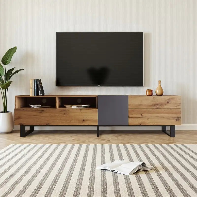 Meuble TV moderne pour téléviseurs jusqu'à 80 pouces, meuble console multimédia avec double rangement et porte abattante