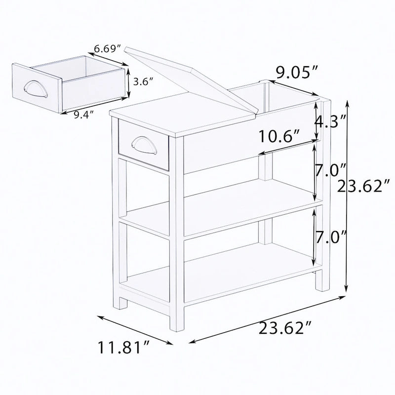 Table d'appoint étroite avec tiroirs et rangement à couvercle rabattable - 11,81 x 23,62 x 23,62