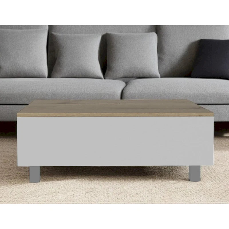 Table basse relevable rectangulaire en bois manufacturé chêne clair et blanc 32 - 21,4 H x 31,5 L x 21,4 P