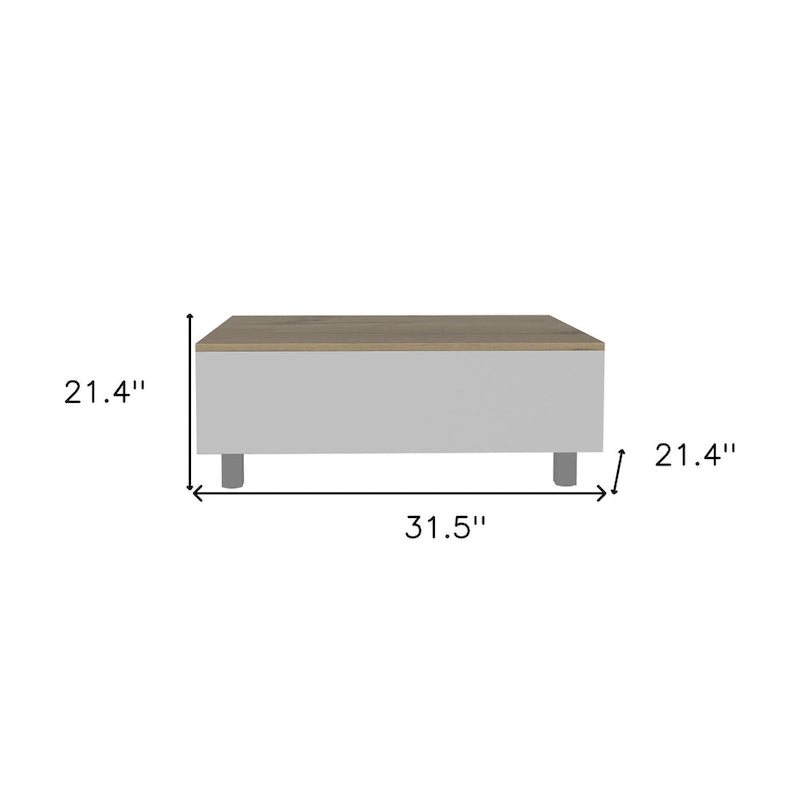 Table basse relevable rectangulaire en bois manufacturé chêne clair et blanc 32 - 21,4 H x 31,5 L x 21,4 P