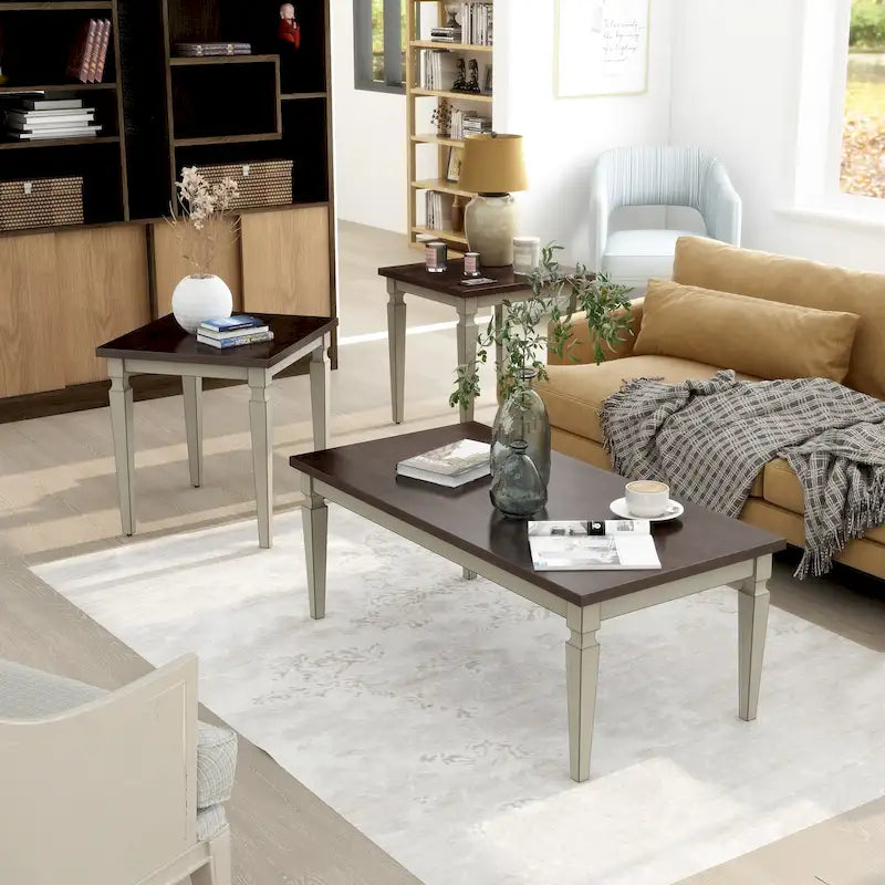 Table basse 3 pièces en bois massif style campagne française de 48 po