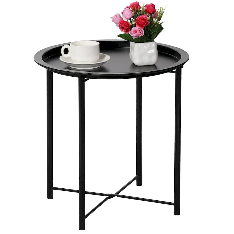 Table de service pliable ronde pour télévision, petite table d'appoint ronde en acier, aucun assemblage requis - 47 x 47 x 50 cm