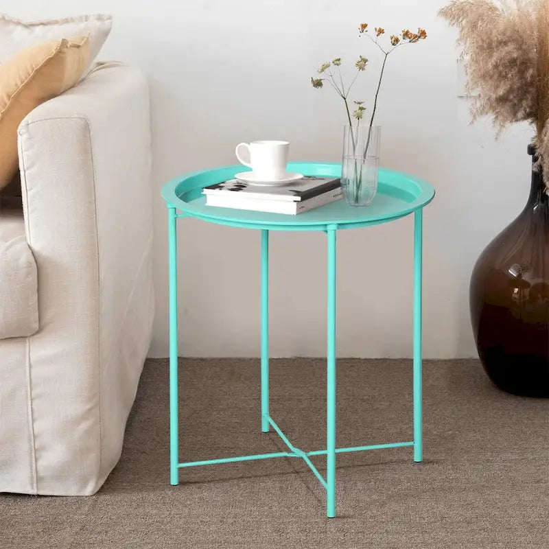 Table de service pliable ronde pour télévision, petite table d'appoint ronde en acier, aucun assemblage requis - 47 x 47 x 50 cm