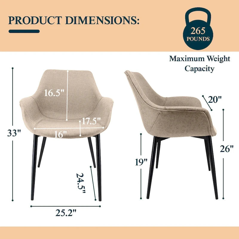 Chaise de salle à manger avec pieds en métal, lot de 2 - Vert olive - 24,5Px25,2Lx33H