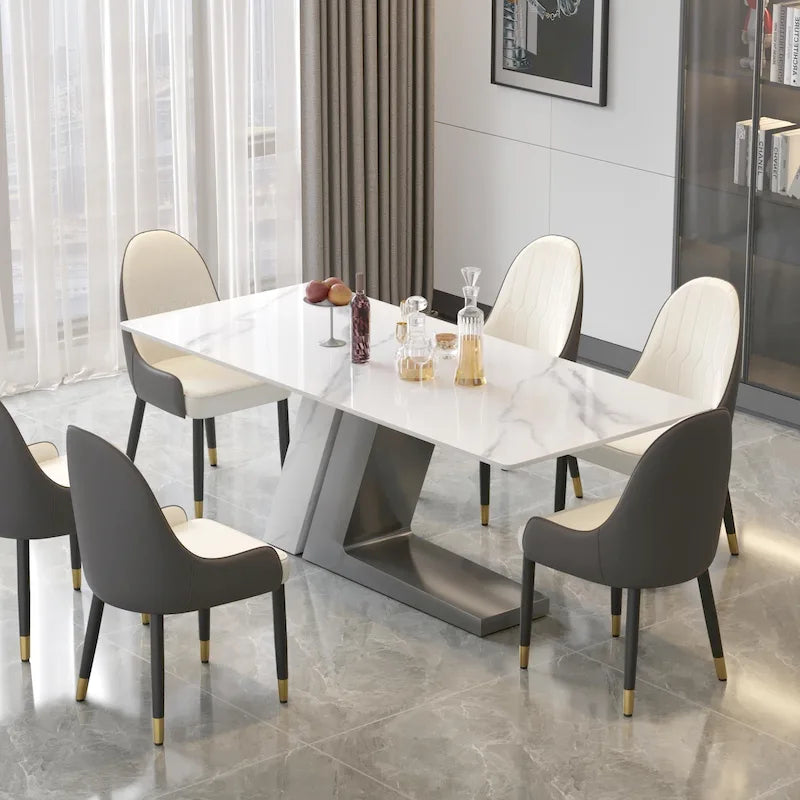 Table de salle à manger moderne en ardoise avec plateau rectangulaire en pierre frittée blanche et pieds en métal -- 160/180/200