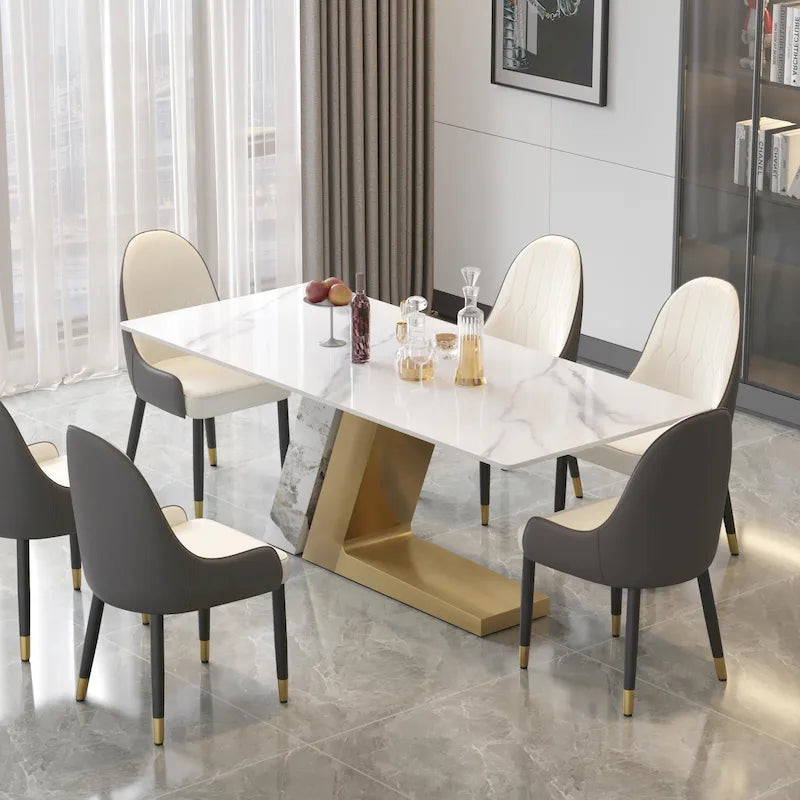 Table de salle à manger moderne en ardoise avec plateau rectangulaire en pierre frittée blanche et pieds en métal -- 160/180/200
