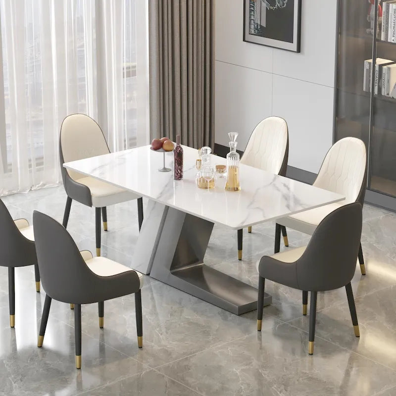 Table de salle à manger moderne en ardoise avec plateau rectangulaire en pierre frittée blanche et pieds en métal -- 160/180/200
