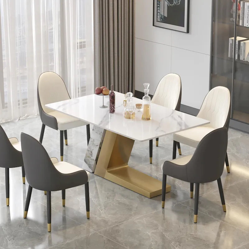 Table de salle à manger moderne en ardoise avec plateau rectangulaire en pierre frittée blanche et pieds en métal -- 160/180/200