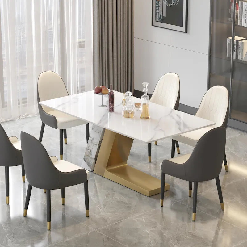 Table de salle à manger moderne en ardoise avec plateau rectangulaire en pierre frittée blanche et pieds en métal -- 160/180/200