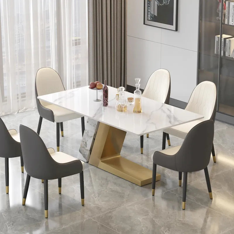 Table de salle à manger moderne en ardoise avec plateau rectangulaire en pierre frittée blanche et pieds en métal -- 160/180/200