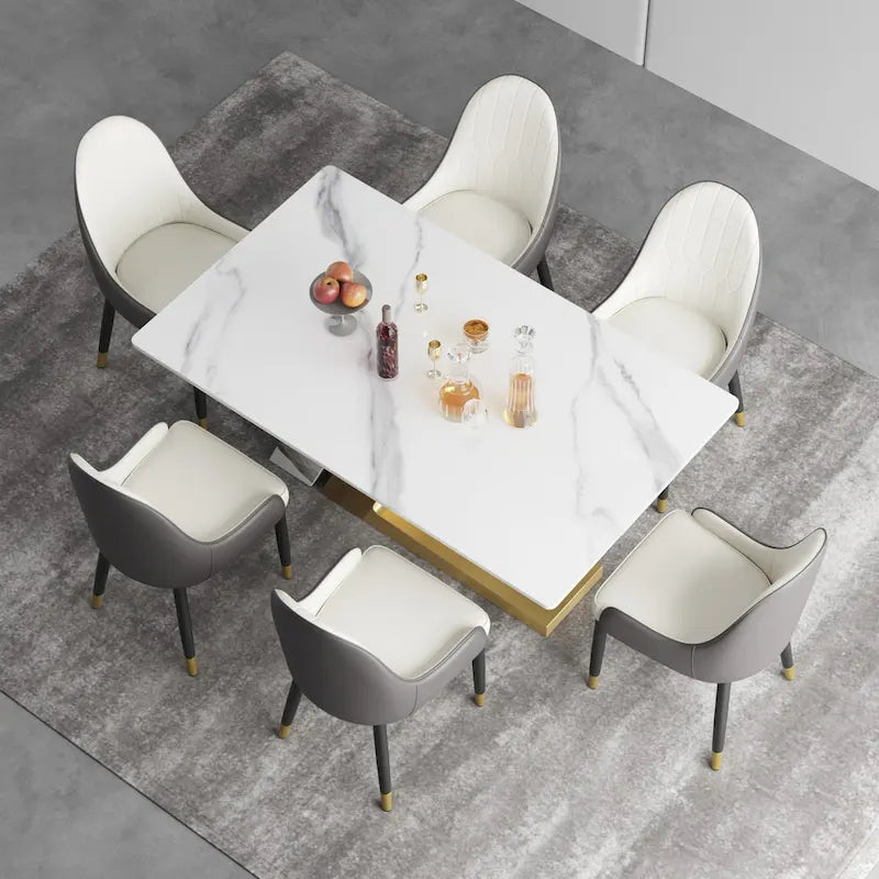 Table de salle à manger moderne en ardoise avec plateau rectangulaire en pierre frittée blanche et pieds en métal -- 160/180/200