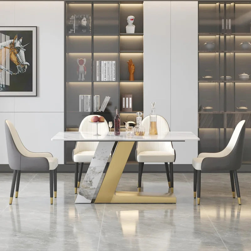 Table de salle à manger moderne en ardoise avec plateau rectangulaire en pierre frittée blanche et pieds en métal -- 160/180/200
