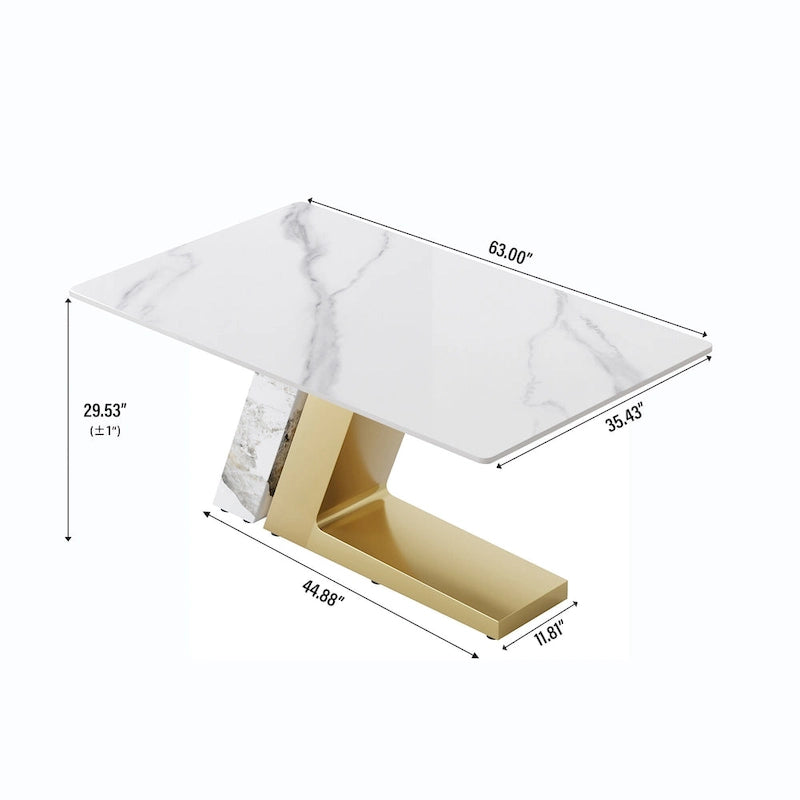 Table de salle à manger moderne en ardoise avec plateau rectangulaire en pierre frittée blanche et pieds en métal -- 160/180/200