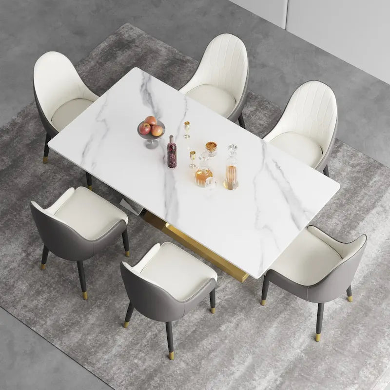 Table de salle à manger moderne en ardoise avec plateau rectangulaire en pierre frittée blanche et pieds en métal -- 160/180/200