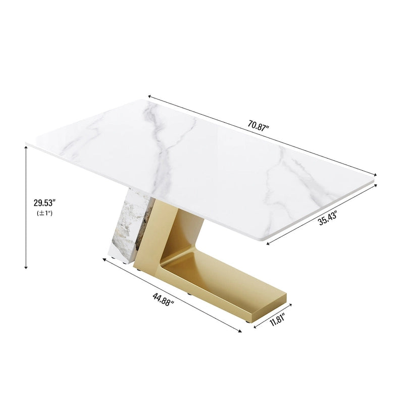 Table de salle à manger moderne en ardoise avec plateau rectangulaire en pierre frittée blanche et pieds en métal -- 160/180/200