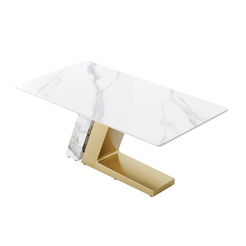Table de salle à manger moderne en ardoise avec plateau rectangulaire en pierre frittée blanche et pieds en métal -- 160/180/200