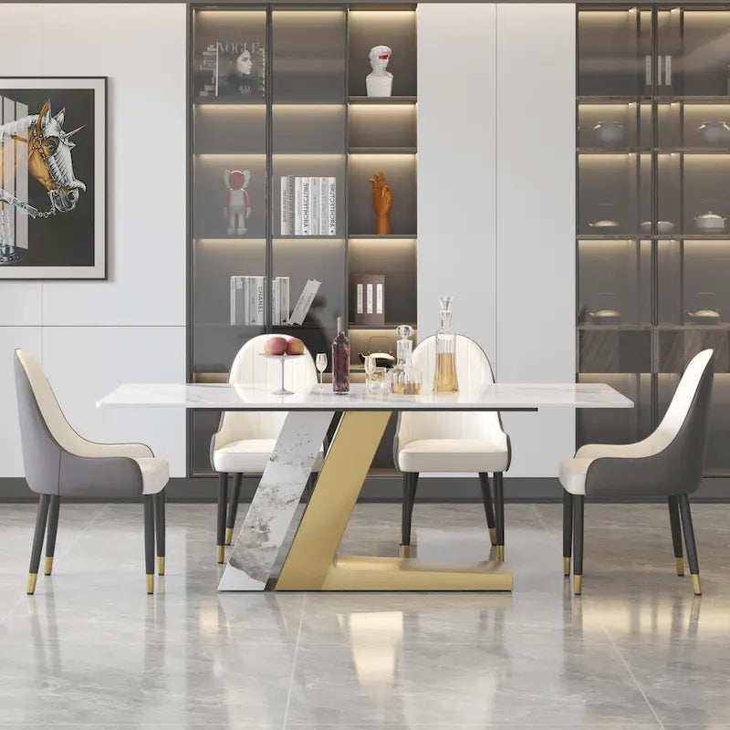 Table de salle à manger moderne en ardoise avec plateau rectangulaire en pierre frittée blanche et pieds en métal -- 160/180/200