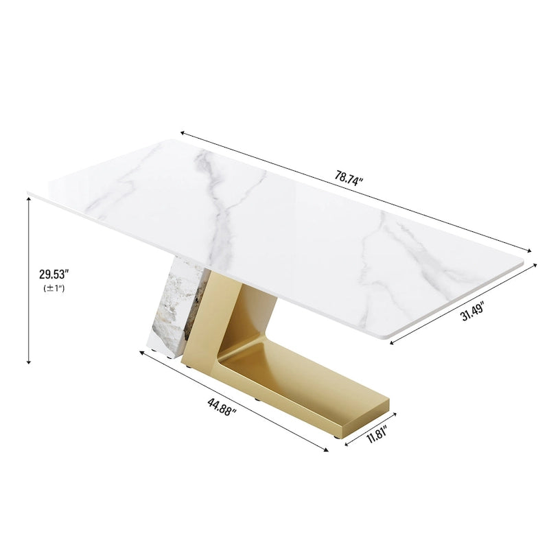 Table de salle à manger moderne en ardoise avec plateau rectangulaire en pierre frittée blanche et pieds en métal -- 160/180/200