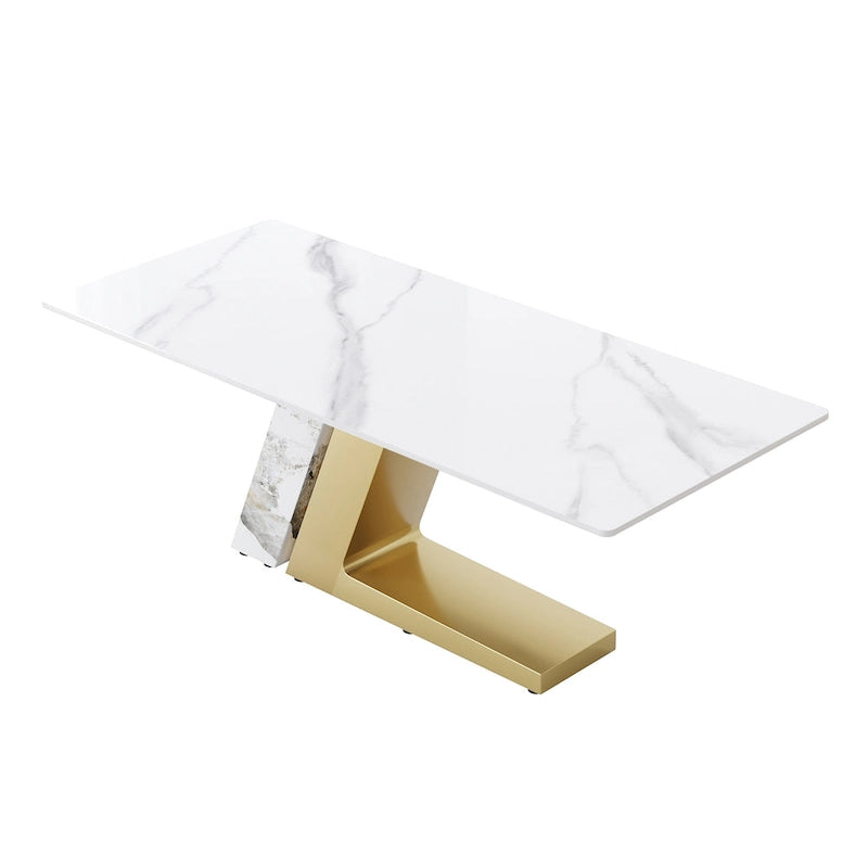 Table de salle à manger moderne en ardoise avec plateau rectangulaire en pierre frittée blanche et pieds en métal -- 160/180/200