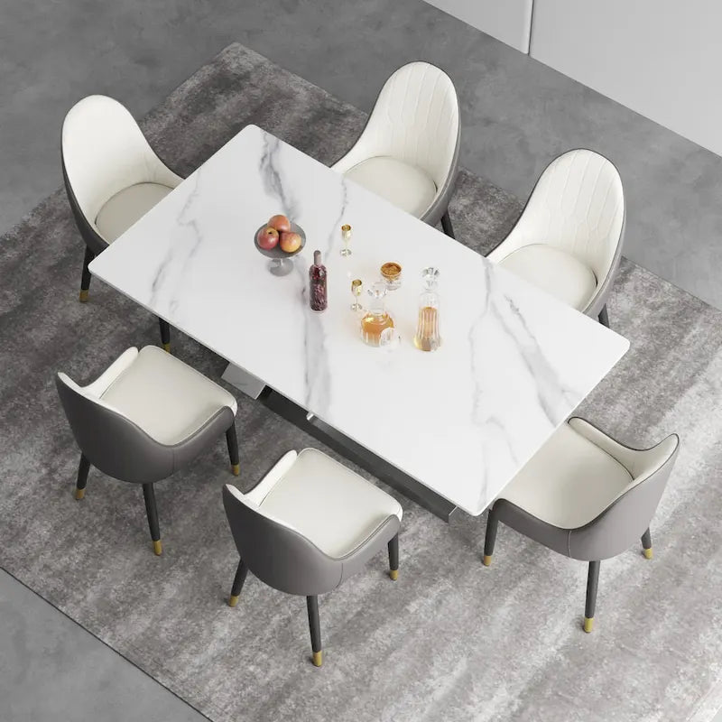 Table de salle à manger moderne en ardoise avec plateau rectangulaire en pierre frittée blanche et pieds en métal -- 160/180/200