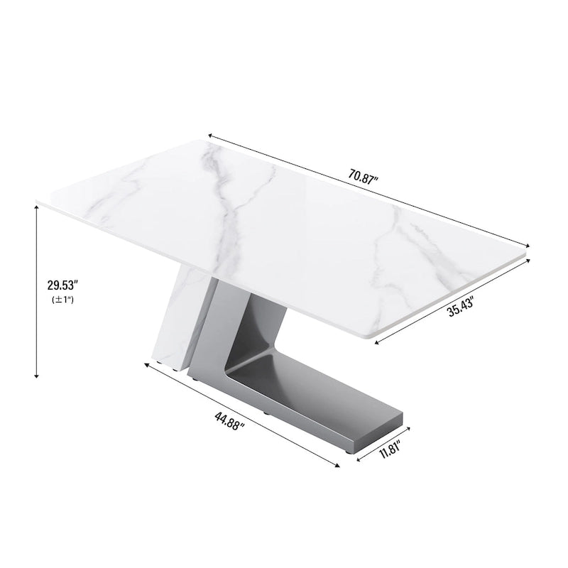 Table de salle à manger moderne en ardoise avec plateau rectangulaire en pierre frittée blanche et pieds en métal -- 160/180/200