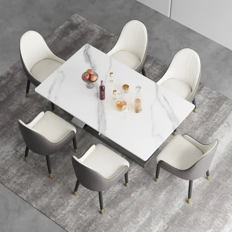 Table de salle à manger moderne en ardoise avec plateau rectangulaire en pierre frittée blanche et pieds en métal -- 160/180/200