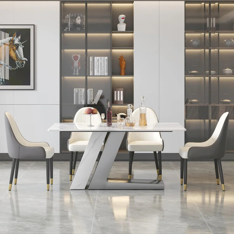 Table de salle à manger moderne en ardoise avec plateau rectangulaire en pierre frittée blanche et pieds en métal -- 160/180/200