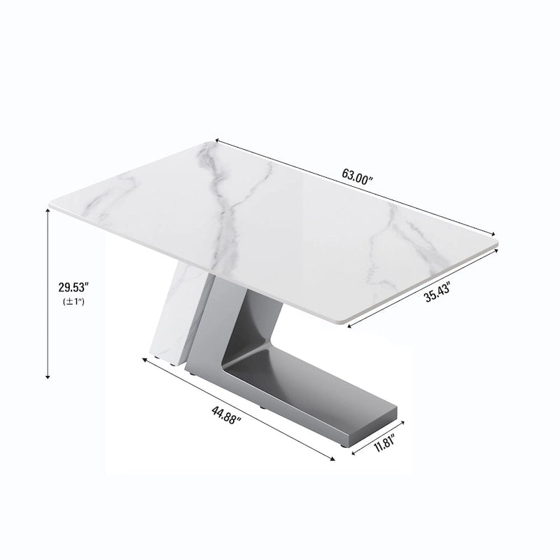 Table de salle à manger moderne en ardoise avec plateau rectangulaire en pierre frittée blanche et pieds en métal -- 160/180/200
