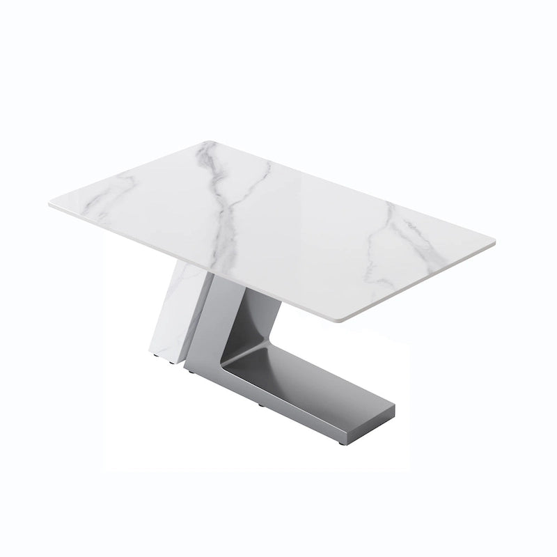 Table de salle à manger moderne en ardoise avec plateau rectangulaire en pierre frittée blanche et pieds en métal -- 160/180/200