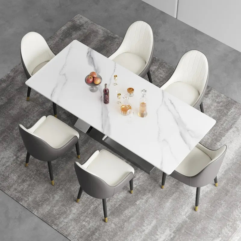 Table de salle à manger moderne en ardoise avec plateau rectangulaire en pierre frittée blanche et pieds en métal -- 160/180/200
