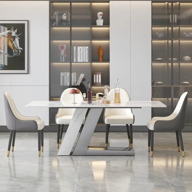 Table de salle à manger moderne en ardoise avec plateau rectangulaire en pierre frittée blanche et pieds en métal -- 160/180/200