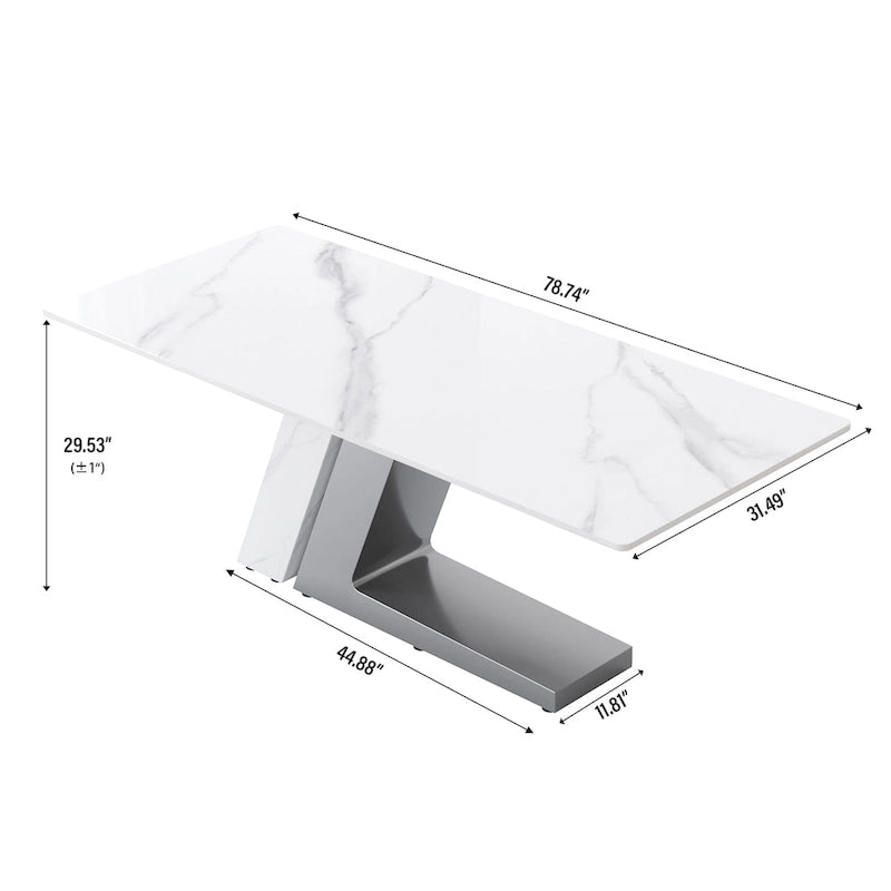 Table de salle à manger moderne en ardoise avec plateau rectangulaire en pierre frittée blanche et pieds en métal -- 160/180/200