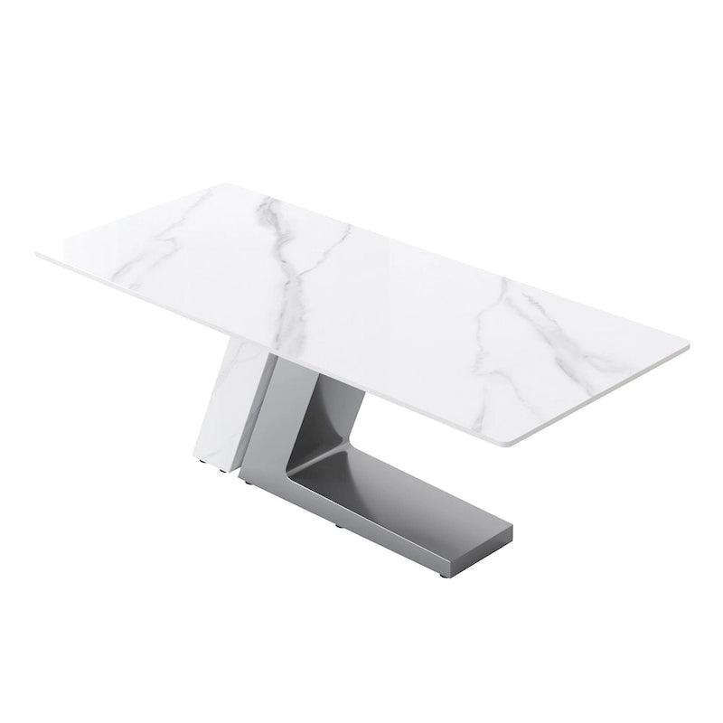 Table de salle à manger moderne en ardoise avec plateau rectangulaire en pierre frittée blanche et pieds en métal -- 160/180/200