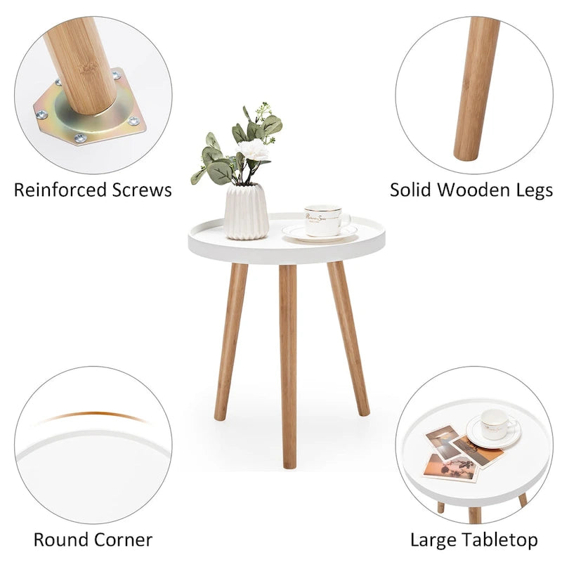 Table d'appoint ronde avec plateau en bois, robuste, pour canapé.