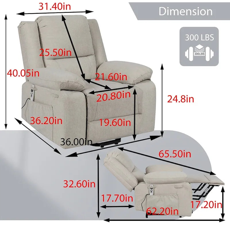 Fauteuil inclinable électrique de massage, relevable multifonction, avec minuterie