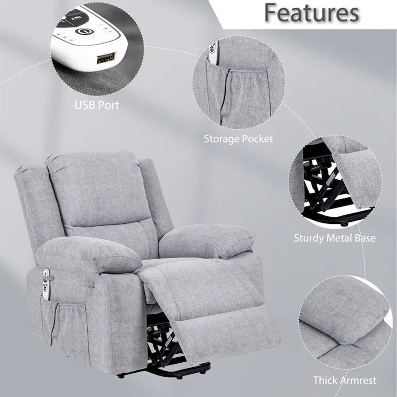 Fauteuil inclinable électrique de massage, relevable multifonction, avec minuterie