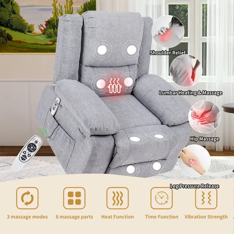 Fauteuil inclinable électrique de massage, relevable multifonction, avec minuterie